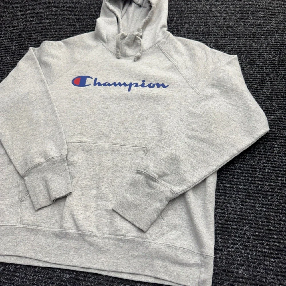 Champion Mens Script Logo Pullover Hoodie Gray Raglan Sweatshirt AW965H Large